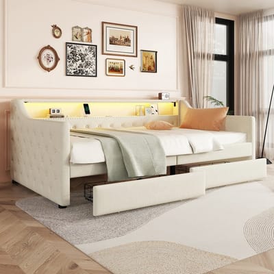 VVBV Slaapbank 90x200 cm - Lades, LED-Verlichting, Afstandsbediening, USB, Lattenbodem - Linnen Beige - Zonder Matras