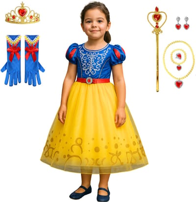 Joya Kids® Sneeuw Prinses Verkleedjurk Meisjes | Prinsessenjurk Blauw en Geel met Accessoires | Kroon, Staf, Handschoenen & Sieraden | Verkleedset Prinses Meisje | Carnaval & Verjaardag | Maat 110