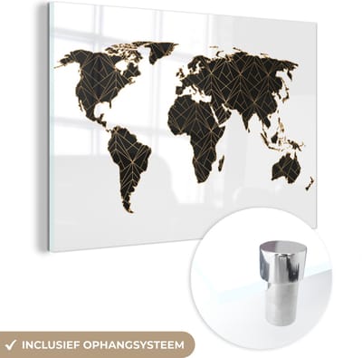 ® Glasschilderij 180x120 cm - Schilderij acrylglas - Wereldkaart - Zwart - Goud - Kinderen - Jongens - Meisjes - Foto op glas - Muurdecoratie woonkamer - Wanddecoratie slaapkamer - Schilderijen
