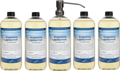 Shampoo Sensitive Care - 1 liter (transparant) - 5 stuks - met zilveren pomp - Voordeelverpakking - Haarverzorging