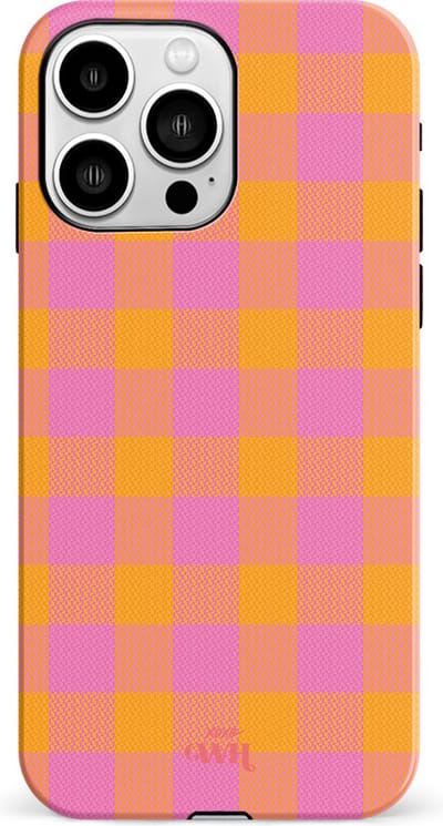 xoxo Wildhearts Brunch o'clock hoesje Single Layer - Hoesje met ruiten geschikt voor iPhone 14 Pro hoesje - Dames hoesje geschikt voor iPhone 14 Pro - Kleurrijk hoesje - shockproof case - Geruit hoesje - oranje / paars