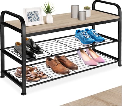 tectake® Smal schoenenrek met zitje - 3 niveaus van 1 zitje en 2 roosterplanken - Schoenenbank van hout en metaal - Industrieel design - Zwart metalen frame - Afmeting (LxBxH) 91 x 36 x 55 cm - Lichtbruin