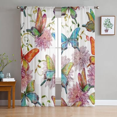Retro Kleurrijke Vlinders Bloem Chiffon Transparante Gordijnen voor Woonkamer Slaapkamer Keuken Decoratie Raam Voiles Tule Gordijn 135W x 114H(cm) white