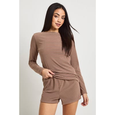 boohoo Dames Zachte Geribbelde Gestreepte Pyjama Set Met Lange Mouwen Top & Korte Broek | Chocolate | Maat: 6