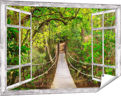 Gards Tuinposter Doorkijk Hangbrug - 120x80 cm - Tuindoek - Tuindecoratie - Wanddecoratie buiten - Tuinschilderij