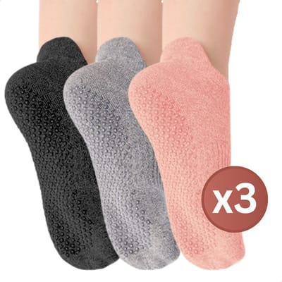 RENALUX - Yoga Sokken Antislip Dames - Antislip Sokken Dames - Pilates Sokken - Anti Slip Sokken - Huissokken met Antislip Dames - Fuchsia, Grijs & Zwart - Set van Maarliefst 3 Paar
