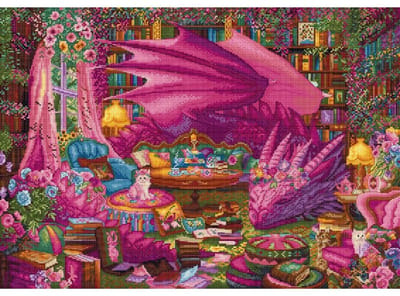 Compleet Kruissteek Borduurpakket - Roze Grote Draak - The Reading Realm - Leti Stitch