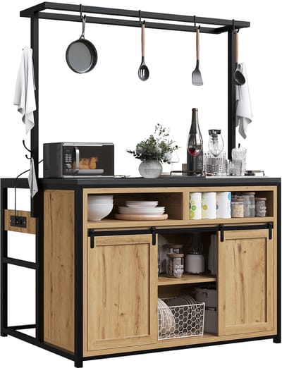 Sweiko Dressoir - Keukenkast - Met stopcontact - 4 haken - Schuifdeuren - houtlook - Naturel + Zwart