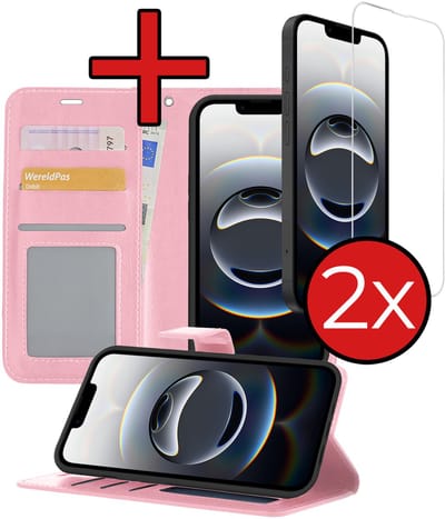Hoesje - Met 2x Screenprotector - Geschikt voor Apple iPhone 16e / 17e - Luxe Pasjeshouder - Flip Case - Bookcase Portemonee - Kunstleer Book Case - Flipcase Hoes - Book Cover - Walletcase - Portemonneehoes - Telefoonhoes - Lichtroze