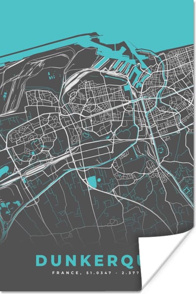 Poster Frankrijk - Kaart - Dukerque - Stadskaart - Plattegrond - 120x180 cm XXL