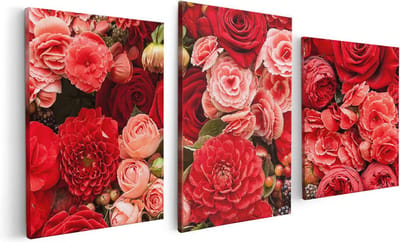Artaza Canvas Schilderij Drieluik Rode En Roze Bloemen Met Fruit - Abstract - 120x60 - Foto Op Canvas - Canvas Print