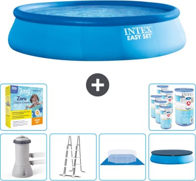 Intex Rond Opblaasbaar Easy Set Zwembad - 457 x 107 cm - Blauw - Inclusief Pomp - Ladder - Grondzeil - Afdekzeil Onderhoudspakket - Filters