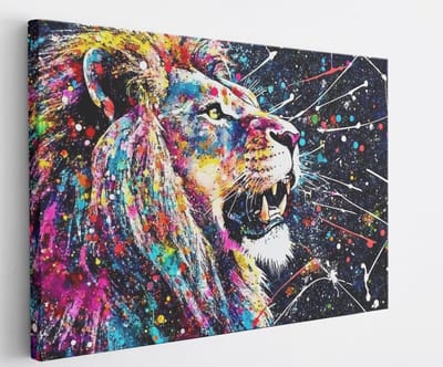 Saammp Canvas Schilderij - Kleurrijke Leeuw - verfspetters - Abstract - 45x30 - Foto op canvas - Wanddecoratie - Muurdecoratie Woonkamer - Slaapkamer decoratie - Canvas Print