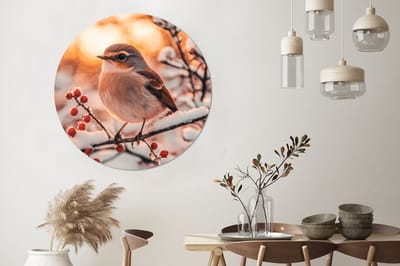 WallCircle - Wandcirkel - Muurcirkel - Vogel - Tak - Winter - Dieren - Sneeuw - Aluminium - Dibond - 140x140 cm - Binnen en Buiten