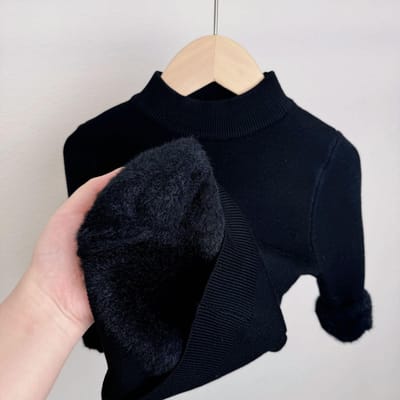 Pull en laine d'hiver pour filles avec velours épais et intégré pour vêtements d'hiver pour enfants Pull tricoté de base 160 noir