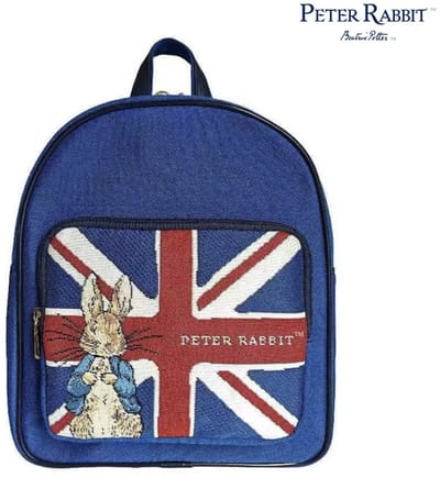 Daypack - Rugtas - gobelinstof - Peter Rabbit - Pieter Konijn - Union Jack - Donker blauwe achtergrond