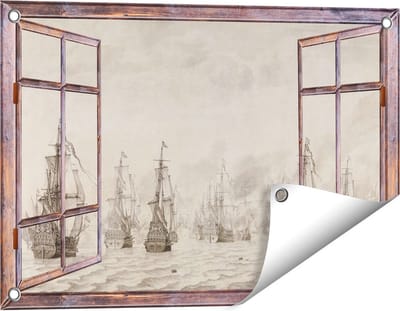 Gards Tuinposter Doorkijk De Zeeslag tegen de Spanjaarden bij Duinkerken - Willem van de Velde - 60x40 cm - Tuindoek - Tuindecoratie - Wanddecoratie buiten - Tuinschilderij