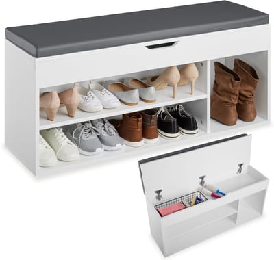 tectake® Schoenenbank met zitje - 3 open vakken en een opklapbaar vak met zitkussen - Schoenenrek met opbergruimte - Hout - Afmeting (LxBxH) 104 x 30 x 49 cm - Wit