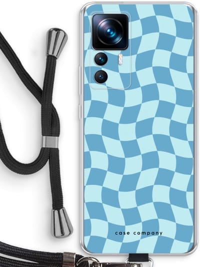 Case Company® - Hoesje met koord geschikt voor Xiaomi 12T hoesje met Koord - Grid Blauw - Telefoonhoesje met Zwart Koord - Bescherming aan alle Kanten en Over de Schermrand