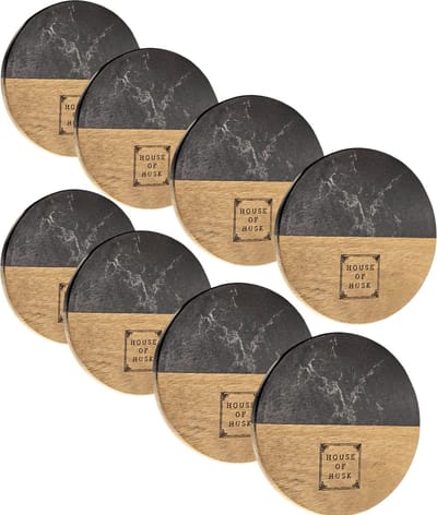 House of Husk Onderzetters - Steen en Hout - Marmer Look Onderzettersset - Set van 8 - Zwart