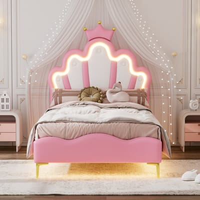 SINGULARITY-90 x 200 cm plat tweepersoonsbed- kroonvormig prinsessenbed- verstelbare LED-sfeerverlichting- roze- zonder matras
