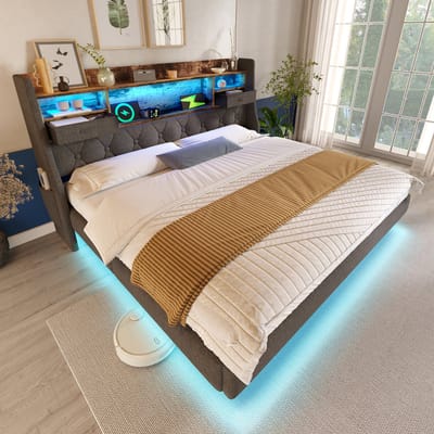 DESMIU Gestoffeerd Bed 140x190cm – Sfeerverlichting En Oplaadfunctie – Hoofdbord Met Opbergruimte En Lades – Voor Slaapkamer – Linnen – Grijs – Zonder Matras