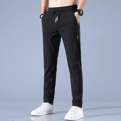 Pantalon en Soie Glacée Homme Lâche Respirant Droit Décontracté Fin Séchage Rapide Pantalon Élastique Pantalon de Sport Homme 34 noir