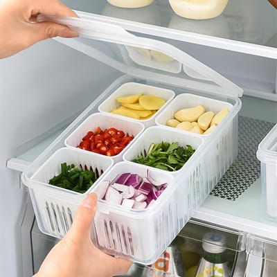Boîte de conservation fraîcheur avec égouttoir pour aliments de réfrigérateur Boîte de rangement pour gingembre, ail, oignon, poivron Panier égouttoir pour fruits et légumes Organisateur de cuisine blanc