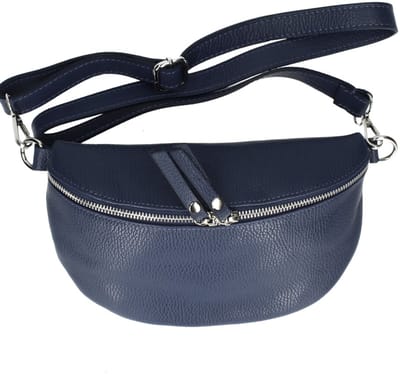 Donkerblauwe Leren Heuptas - Dubbele Rits - Leren Crossbody Tassen - Zilver Beslag - Dames Tassen - Donkerblauw - Navy