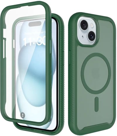 Hoesje met Ingebouwde Screenprotector Geschikt voor Apple iPhone 15 - Compatibel met MagSafe / Qi2 - Full Protect - Schokbestendige Beschermhoes - Case Matte Groen