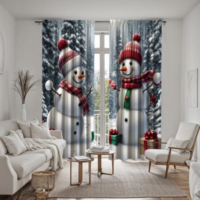 2 pièces Rideau décoratif Bonhomme de neige blanc Noël HD Rideau imprimé numérique à nouer blanc Décoration de style décoration maison vivant W52H63inchW132H160cm gray