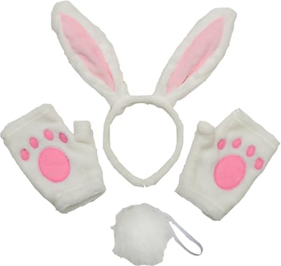 Goodmark Konijn verkleedset - 3-delig - wit/roze - kinderen - 4-6 jaar - oren - staart - handschoenen - accessoires - bunny