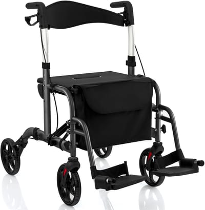 COSTWAY Rollator opvouwbaar en licht met zitting, 2-in-1 rolstoel & reisrollator, lichtgewicht, loophulp, 6-voudig in hoogte verstelbaar, wandelwagen met tas, remmen en stokhouder, aluminium (zwart)
