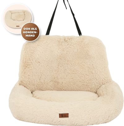Pet Perfect Fluffy Autostoel Hond – Hondenmand Auto – Honden Autostoel - Automand Hond - Wasbaar – Beige - 2-in-1 - Large