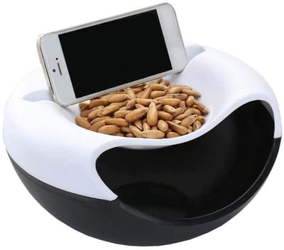 Dailygoods - Multifunctionele Snack Opbergdoos - Dubbellaags Snack Kom met Telefoonhouder - Neutraal - Voor Noten en Fruit - Handig voor Thuis of Fees...