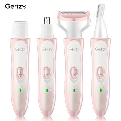 4-in-1 Gertzy Scheerapparaat Set – Oplaadbare Body Shaver + Precisietrimmer, Oor/Neushaar en Wenkbrauwtrimmer – Pijnloze Ontharing en de perfecte Lichaamshaar verzorging - Kleur Wit/Roze