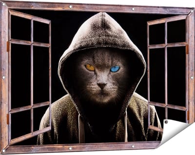 Gards Tuinposter Doorkijk Boze Kat Draagt een Hoodie - 120x80 cm - Tuindoek - Tuindecoratie - Wanddecoratie buiten - Tuinschilderij