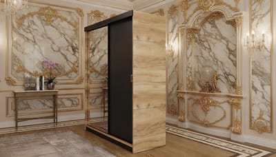 Kledingkast Schuifdeur – Casa Velluto RetroLux 138 cm – Elegante Garderobekast met Spiegel, Moderne Woonkamerkast, Schuifdeuren, Eiken Ambacht Goud + Zwart – 138x205x59 cm