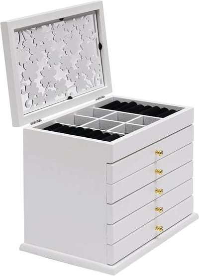 Luxe Houten Sieradendoos met 6 Lagen en 5 Lades - Wit Juwelenkistje voor Horloges, Oorbellen en Armbanden