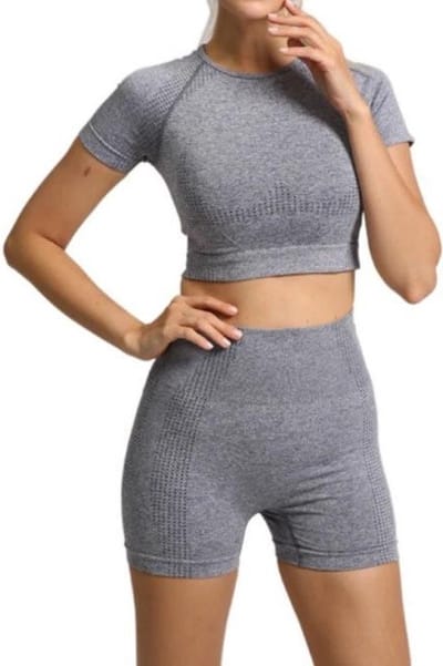 Jumada's - Sport outfit - Crop top met korte mouwen - High waist korte legging - Naadloos - Squatproof - Grijs - S