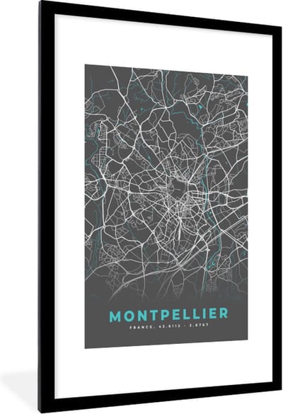 Fotolijst incl. Poster - Montpellier - Frankrijk - Stadskaart - Kaart - Plattegrond - 80x120 cm - Posterlijst