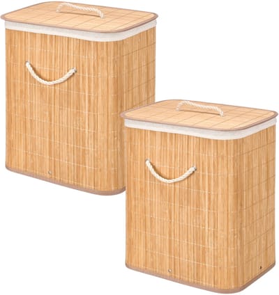 Kipit Wasmand van bamboe - 2x - wit / bruin - 60 liter - 40 x 30 x 50 cm - met deksel - met binnendoek