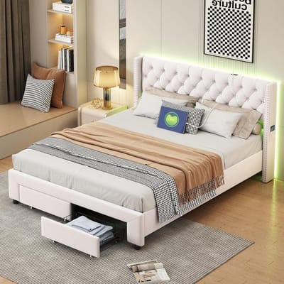 Gestoffeerd tweepersoonsbed - Bed met lades - Slaapkamerinrichting - LED hoofdeinde met USB - 140x190cm - Beige