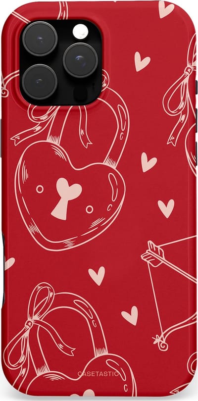 Casetastic Hoesje Geschikt voor Apple iPhone 16 Pro Max Magsafe - Stijlvolle Beschermende Duo-layer Case - Hartendief - Liefdes Slotjes - Valentijn - Valentine - Love - Rood Wit