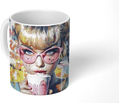 Mok - Koffiemok - Expressief - Milkshake - Vrouw - Felle kleuren - Mokken - 350 ML - Beker - Koffiemokken - Theemok