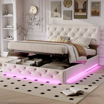 Boxspringbed 160x200 cm met Hydraulische Opbergruimte, Lattenbodem, LED-verlichting, Tweepersoonsbed Gestoffeerd in Linnen Beige