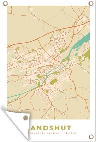 Muurdecoratie Landshut - Kaart - Plattegrond - Vintage - Stadskaart - 120x180 cm - Tuinposter - Tuindoek