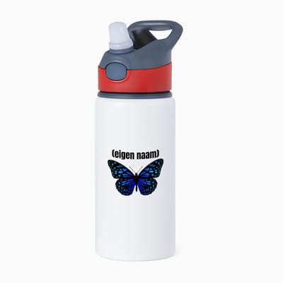Hacebo® - blauwe vlinder met eigen naam waterfles met rietje rood - Vlinder - dieren liefhebber - iemand die houdt van vlinders - verjaardag - cadeau - kado - geschenk - water fles - 650ML