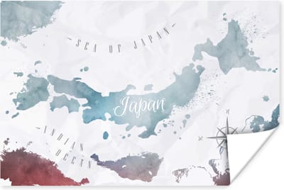 Poster 30x20 cm - Wereldkaarten - Japan - Zilver - Posters - Kamer decoratie - Wanddecoratie woonkamer - Muurdecoratie slaapkamer