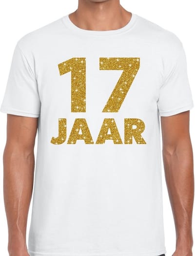 17 jaar goud glitter verjaardag t-shirt wit heren - verjaardag shirts S